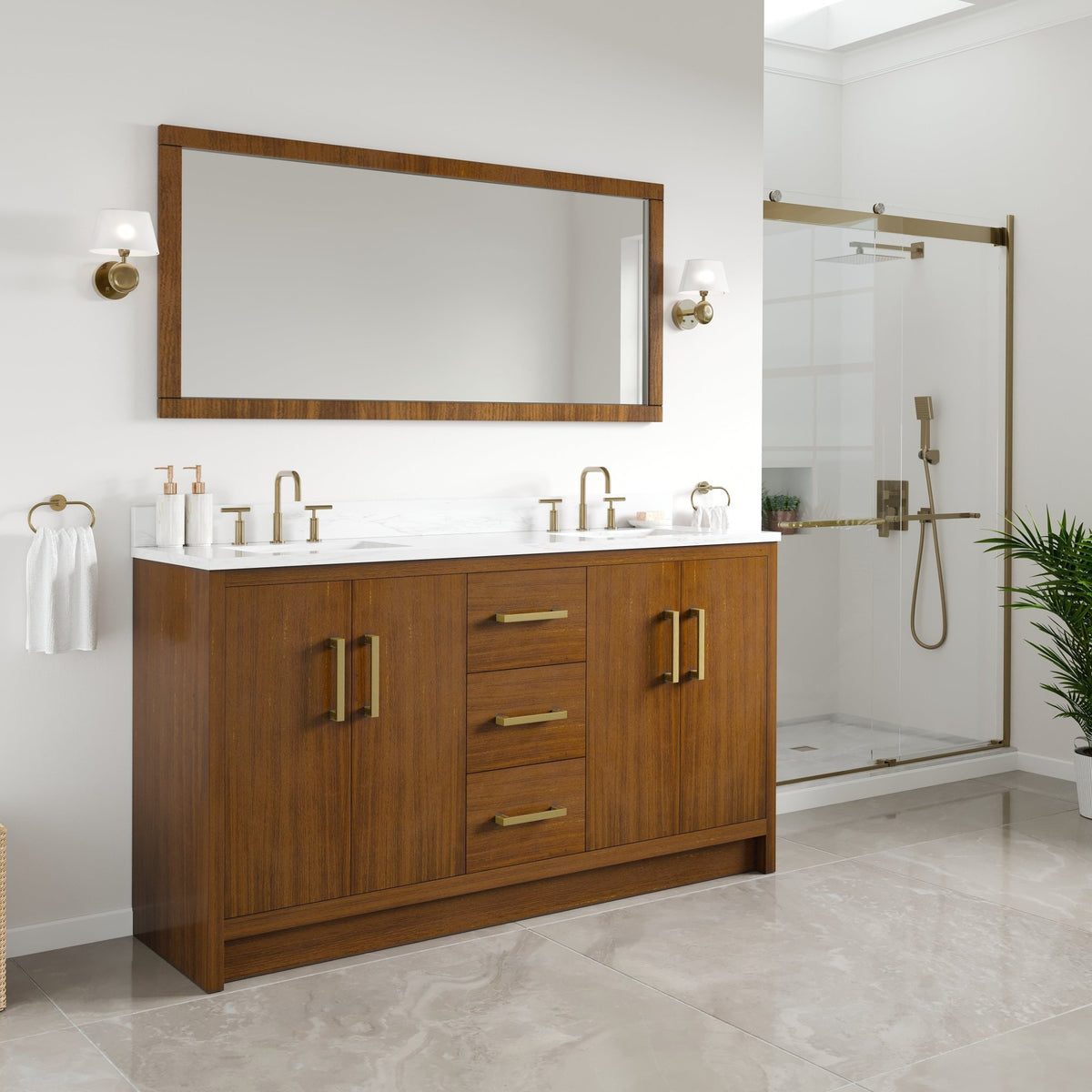 Nora 60 in. Walnut Double Sink Bath Vanity with Arabescato Engineered Stone Top and Undermount Porcelain Sinks - Bathroom Vanity by Eviva