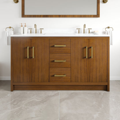 Nora 60 in. Walnut Double Sink Bath Vanity with Arabescato Engineered Stone Top and Undermount Porcelain Sinks - Bathroom Vanity by Eviva
