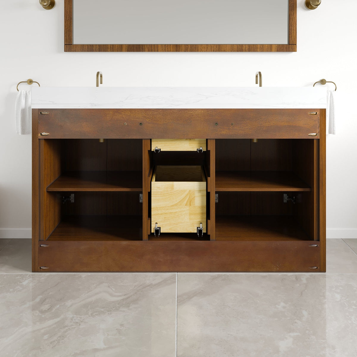 Nora 60 in. Walnut Double Sink Bath Vanity with Arabescato Engineered Stone Top and Undermount Porcelain Sinks - Bathroom Vanity by Eviva