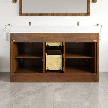 Nora 60 in. Walnut Double Sink Bath Vanity with Arabescato Engineered Stone Top and Undermount Porcelain Sinks - Bathroom Vanity by Eviva