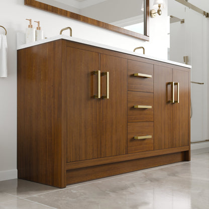 Nora 60 in. Walnut Double Sink Bath Vanity with Arabescato Engineered Stone Top and Undermount Porcelain Sinks - Bathroom Vanity by Eviva