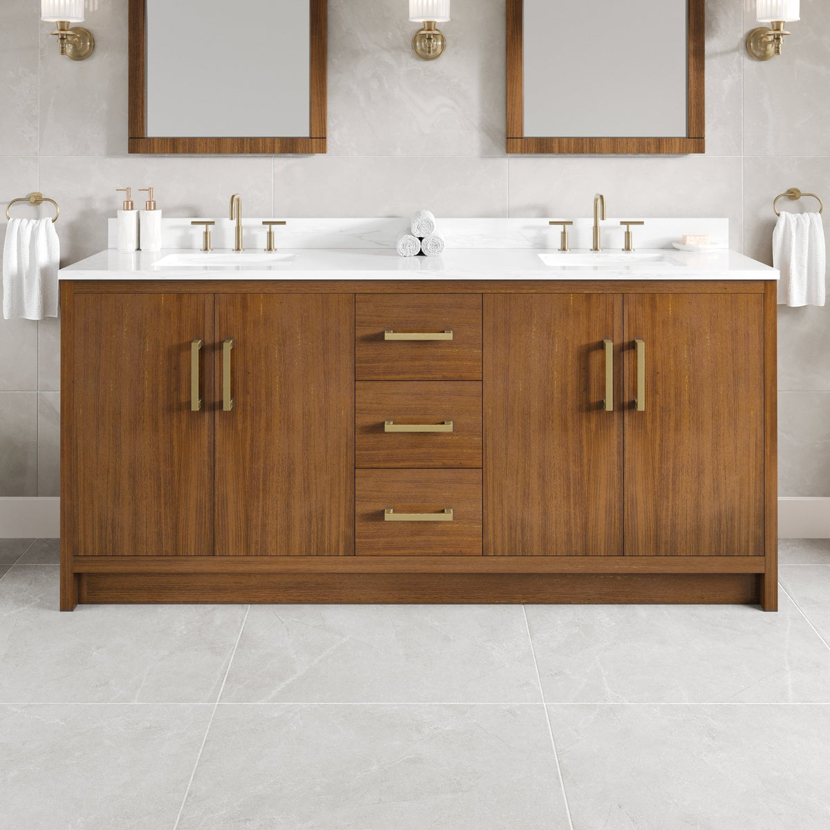 Nora 72 in. Walnut Double Sink Bath Vanity with Arabescato Engineered Stone Top and Undermount Porcelain Sinks - Bathroom Vanity by Eviva
