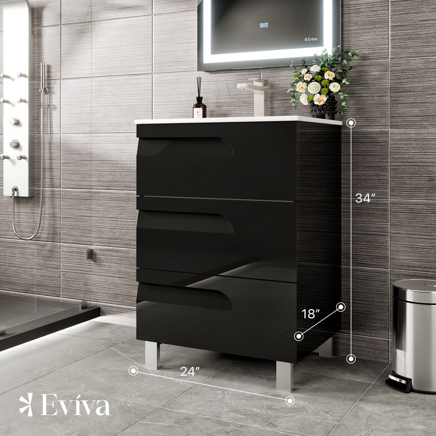 Joy 24"W x 18"D Black Bathroom Vanity with White Porcelain Countertop and Integrated Sink