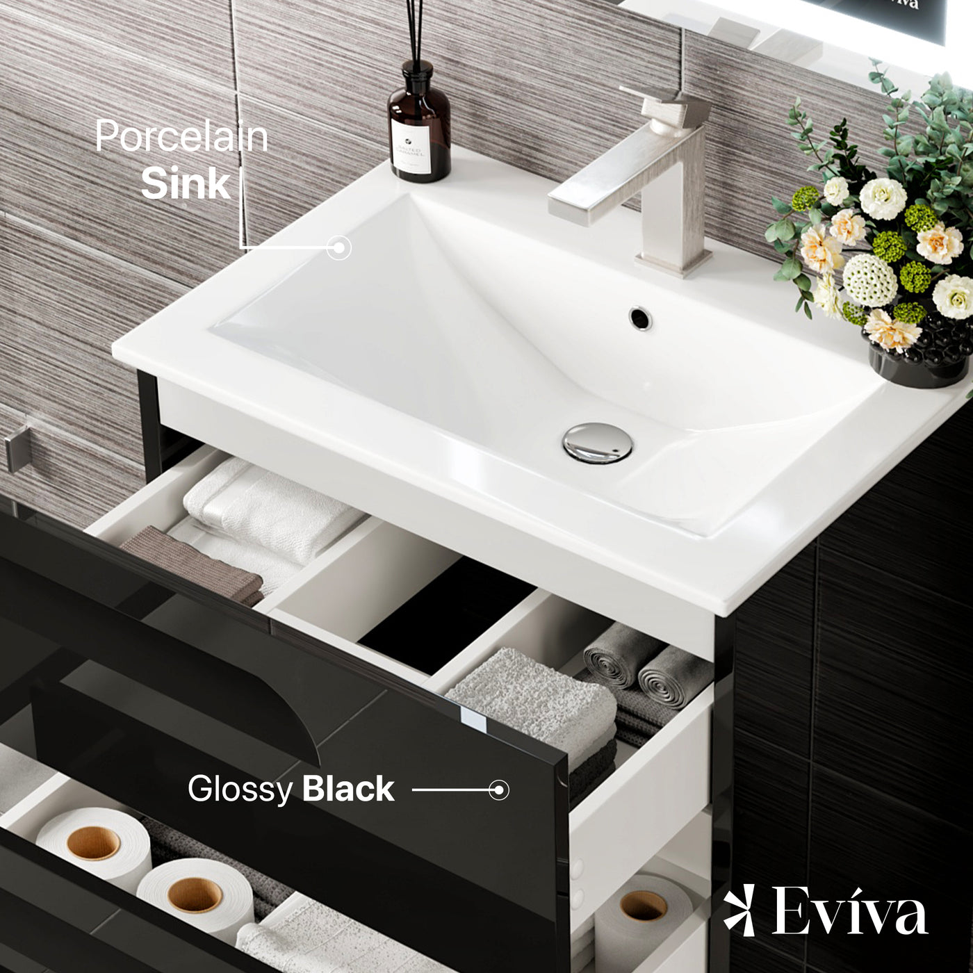 Joy 24"W x 18"D Black Bathroom Vanity with White Porcelain Countertop and Integrated Sink