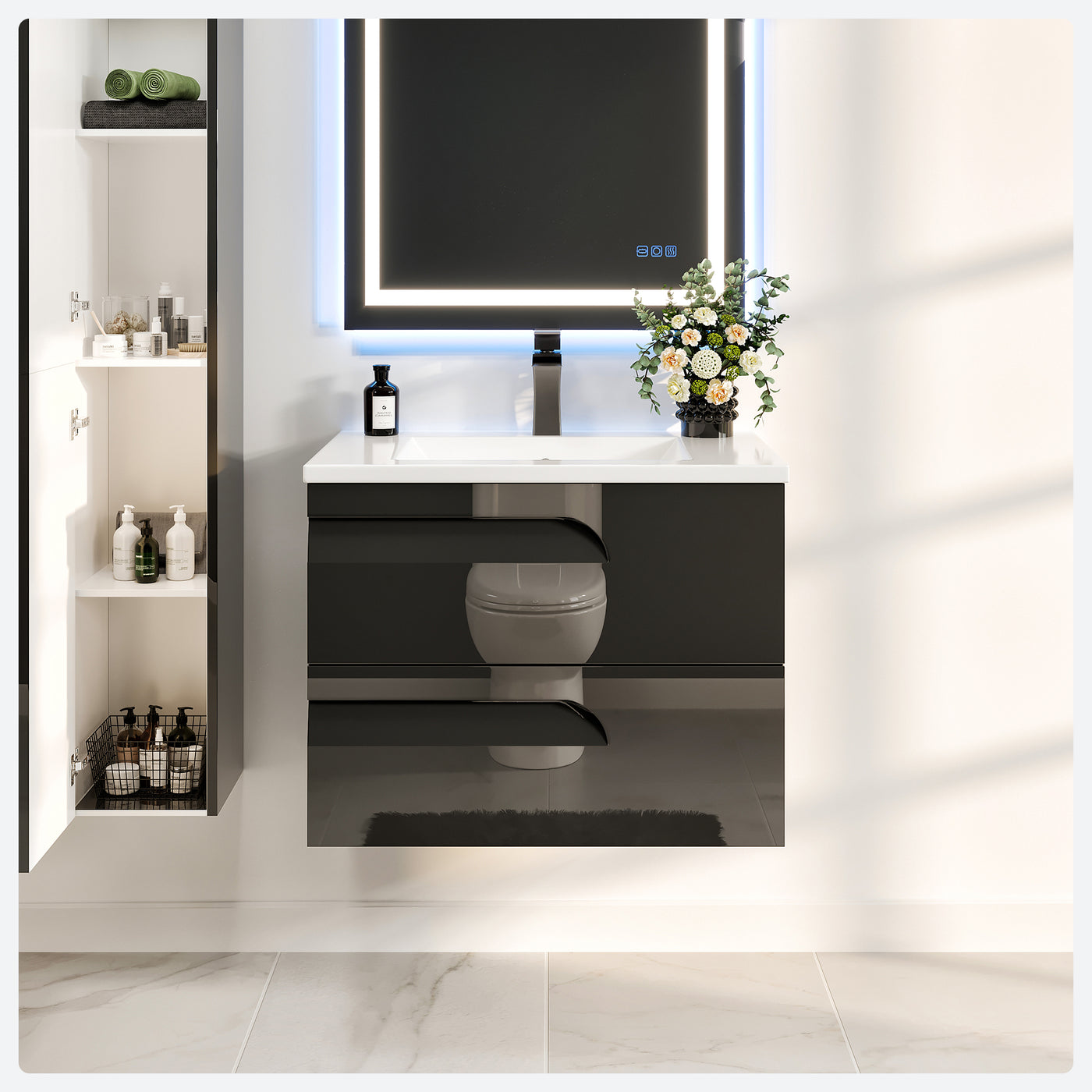 Joy 24"W x 18"D Black Wall Mount Bathroom Vanity with White Porcelain Countertop and Integrated Sink