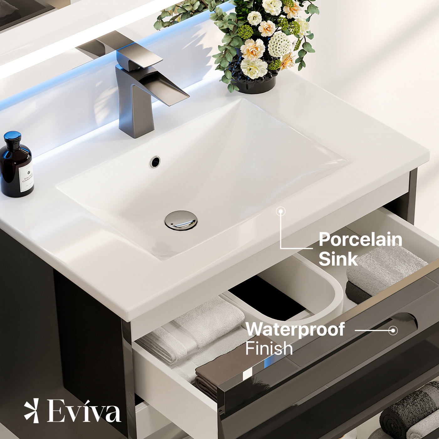 Joy 24"W x 18"D Black Wall Mount Bathroom Vanity with White Porcelain Countertop and Integrated Sink