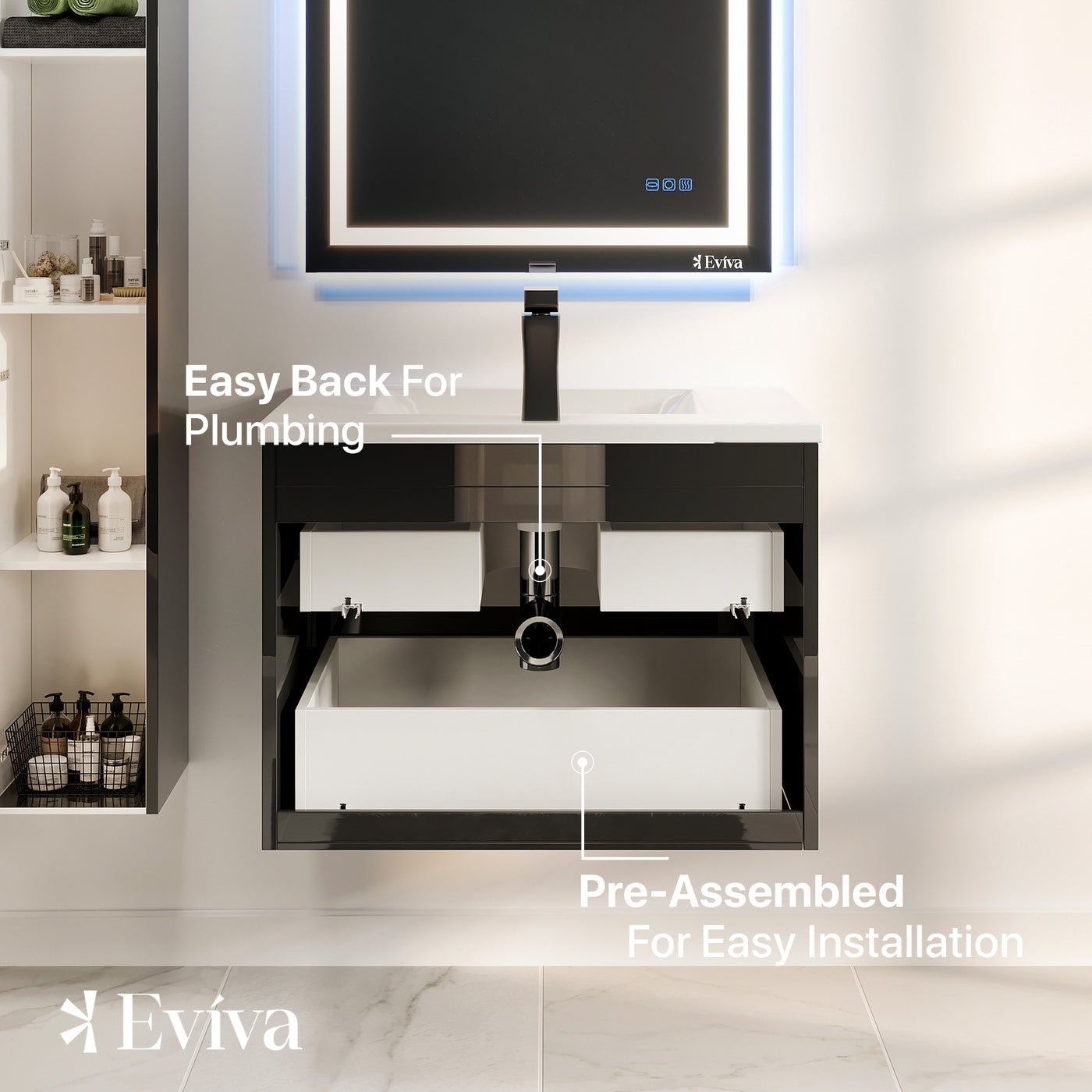 Joy 24"W x 18"D Black Wall Mount Bathroom Vanity with White Porcelain Countertop and Integrated Sink