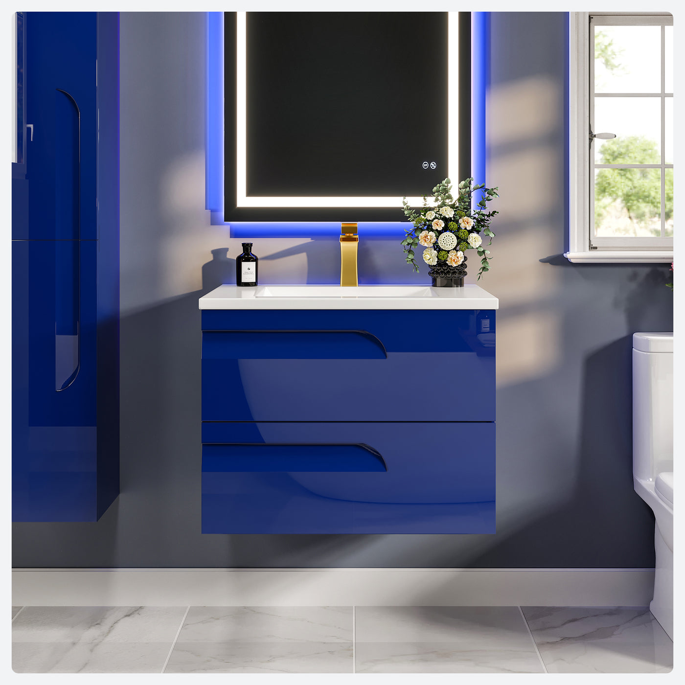 Joy 24"W x 18"D Blue Wall Mount Bathroom Vanity with White Porcelain Countertop and Integrated Sink