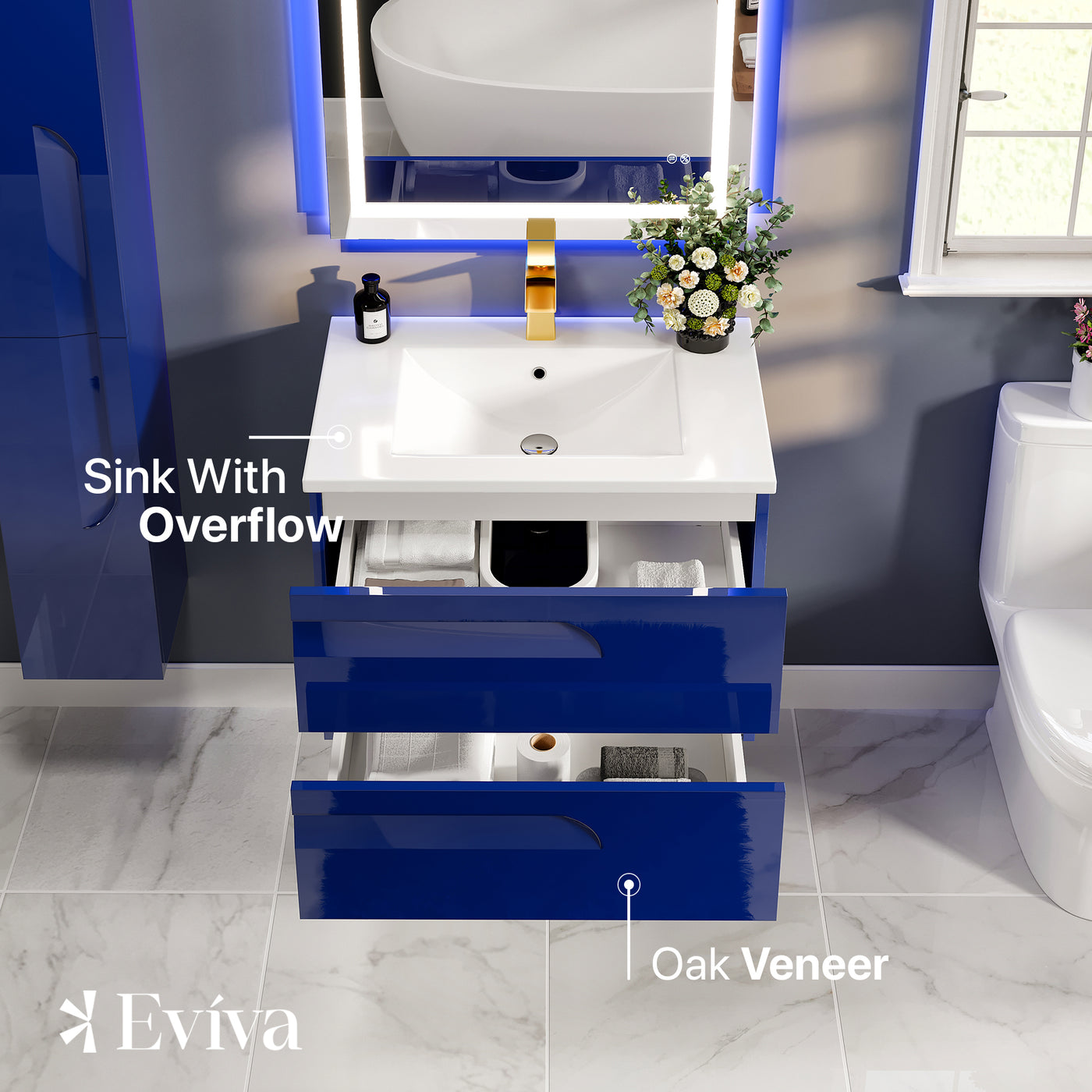 Joy 24"W x 18"D Blue Wall Mount Bathroom Vanity with White Porcelain Countertop and Integrated Sink