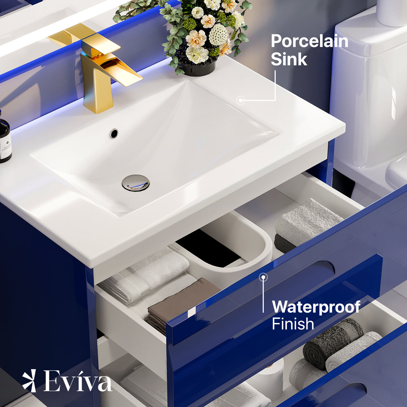 Joy 24"W x 18"D Blue Wall Mount Bathroom Vanity with White Porcelain Countertop and Integrated Sink