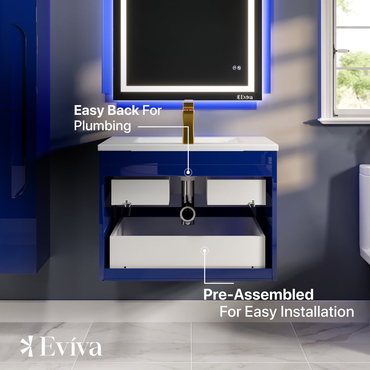 Joy 24"W x 18"D Blue Wall Mount Bathroom Vanity with White Porcelain Countertop and Integrated Sink