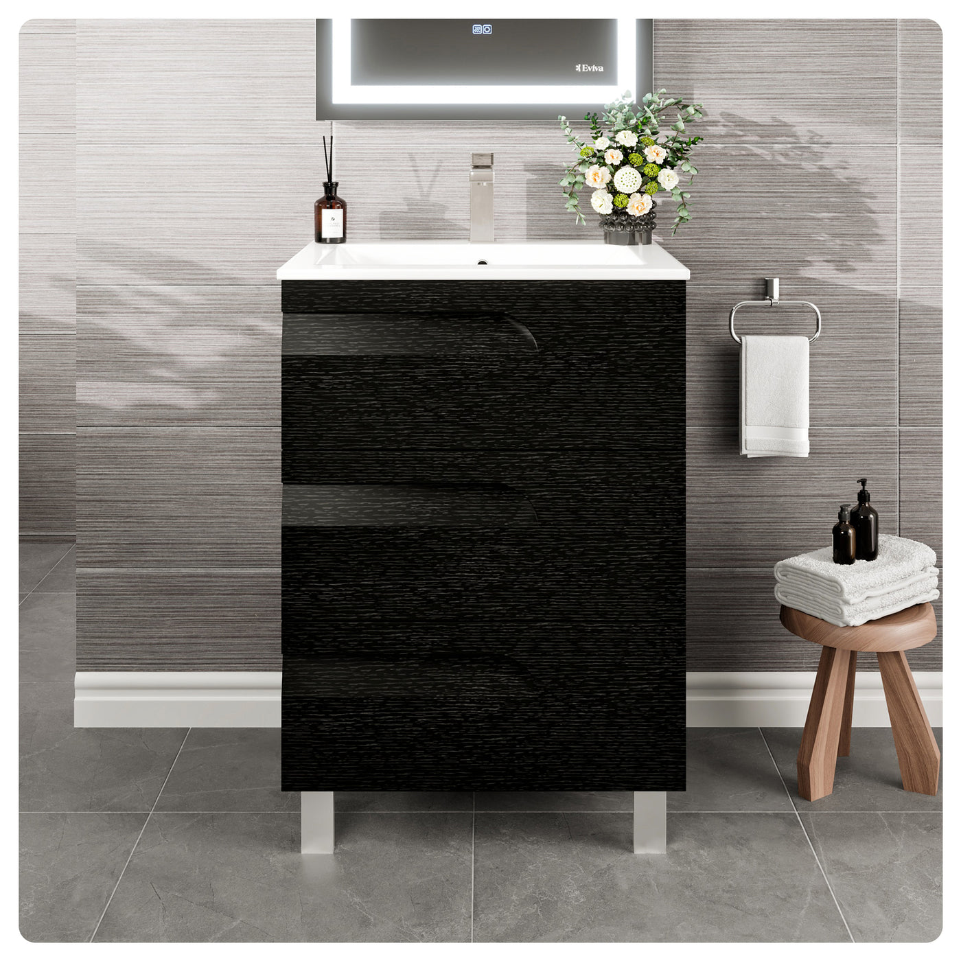 Joy 24"W x 18"D Blackwood Bathroom Vanity with White Porcelain Countertop and Integrated Sink