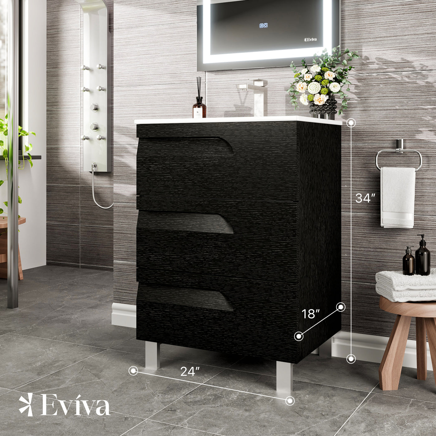 Joy 24"W x 18"D Blackwood Bathroom Vanity with White Porcelain Countertop and Integrated Sink