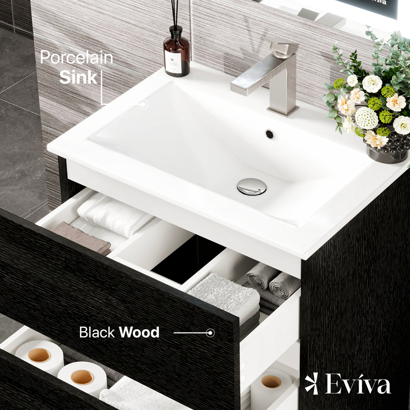 Joy 24"W x 18"D Blackwood Bathroom Vanity with White Porcelain Countertop and Integrated Sink