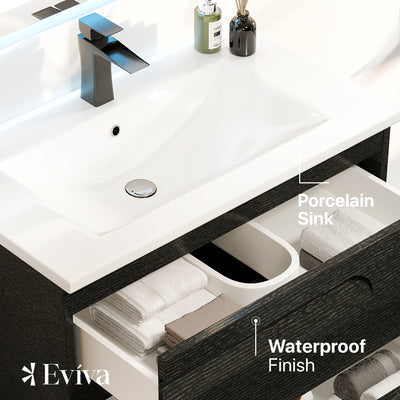 Joy 24"W x 18"D Blackwood Wall Mount Bathroom Vanity with White Porcelain Countertop and Integrated Sink