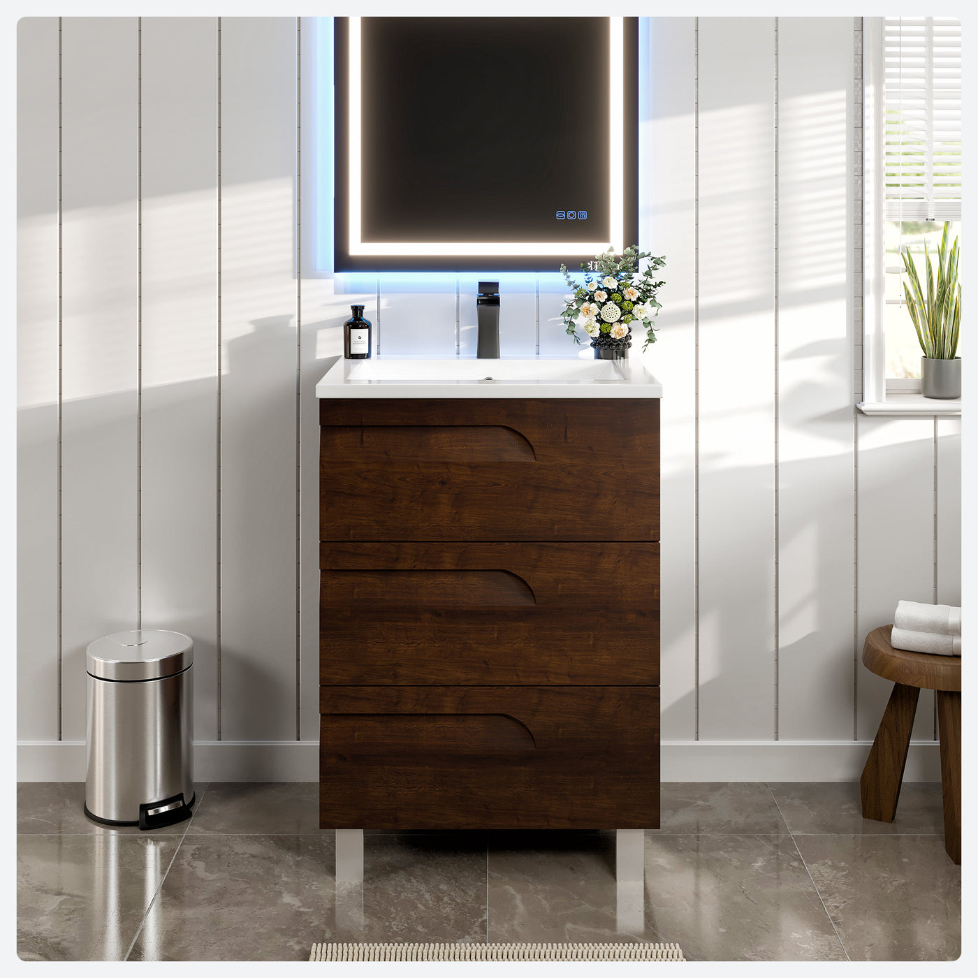 Joy 24"W x 18"D Rosewood Bathroom Vanity with White Porcelain Countertop and Integrated Sink