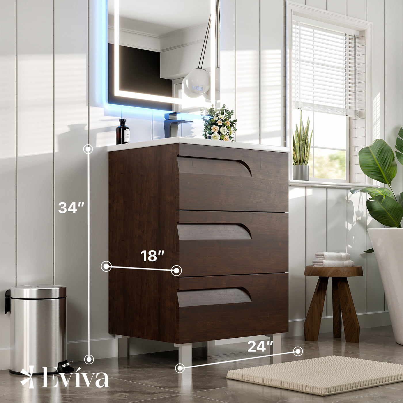 Joy 24"W x 18"D Rosewood Bathroom Vanity with White Porcelain Countertop and Integrated Sink