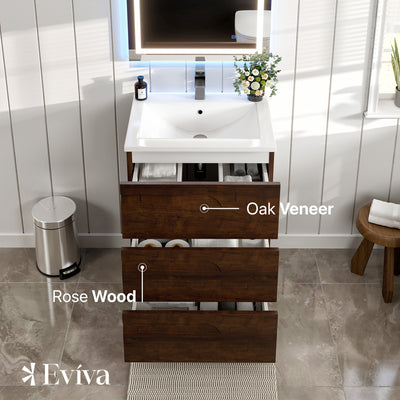 Joy 24"W x 18"D Rosewood Bathroom Vanity with White Porcelain Countertop and Integrated Sink