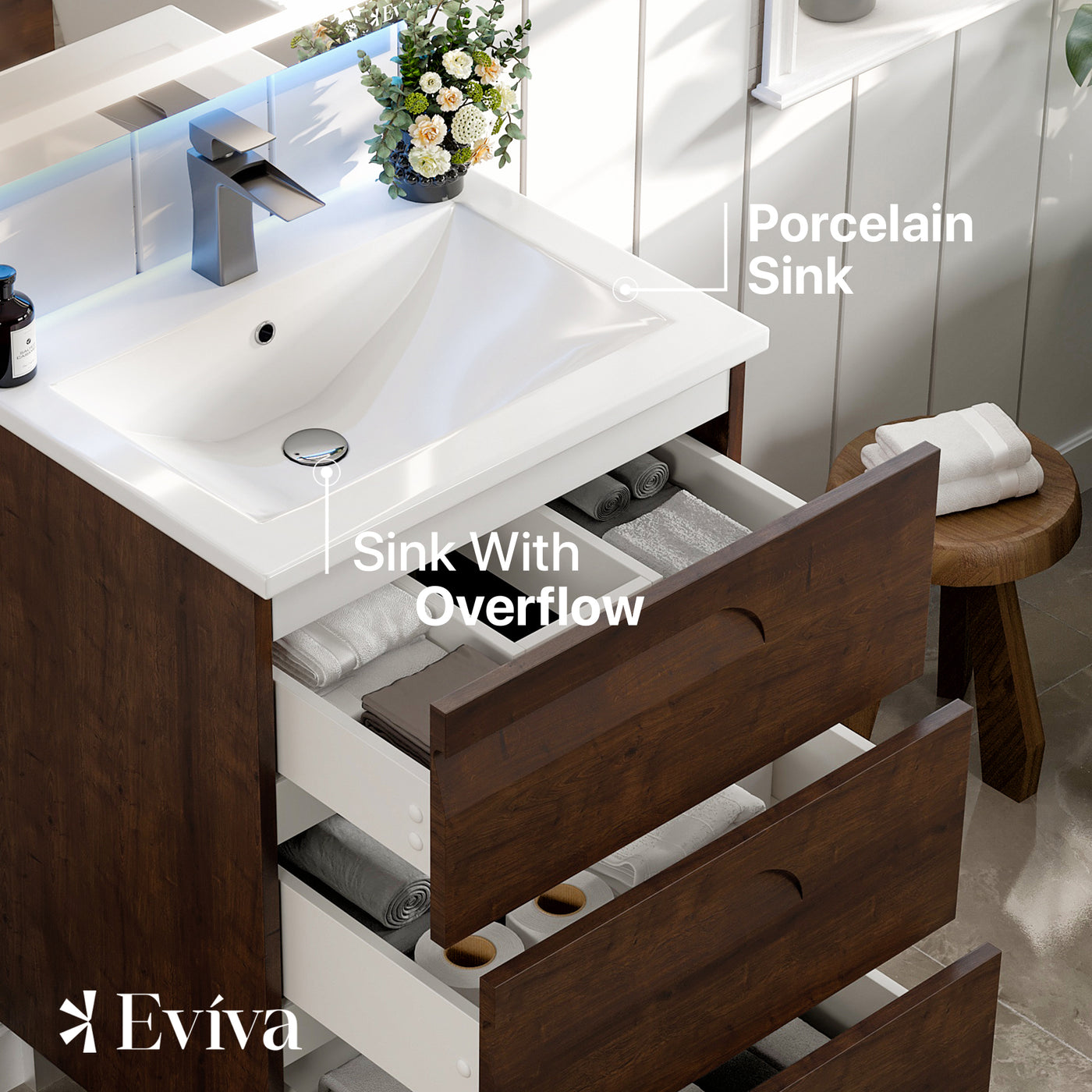 Joy 24"W x 18"D Rosewood Bathroom Vanity with White Porcelain Countertop and Integrated Sink