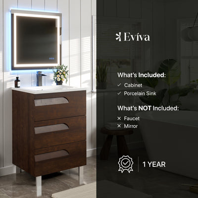 Joy 24"W x 18"D Rosewood Bathroom Vanity with White Porcelain Countertop and Integrated Sink