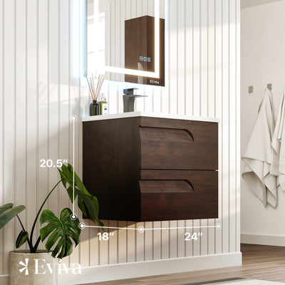 Joy 24"W x 18"D Rosewood Wall Mount Bathroom Vanity with White Porcelain Countertop and Integrated Sink