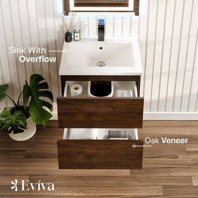 Joy 24"W x 18"D Rosewood Wall Mount Bathroom Vanity with White Porcelain Countertop and Integrated Sink