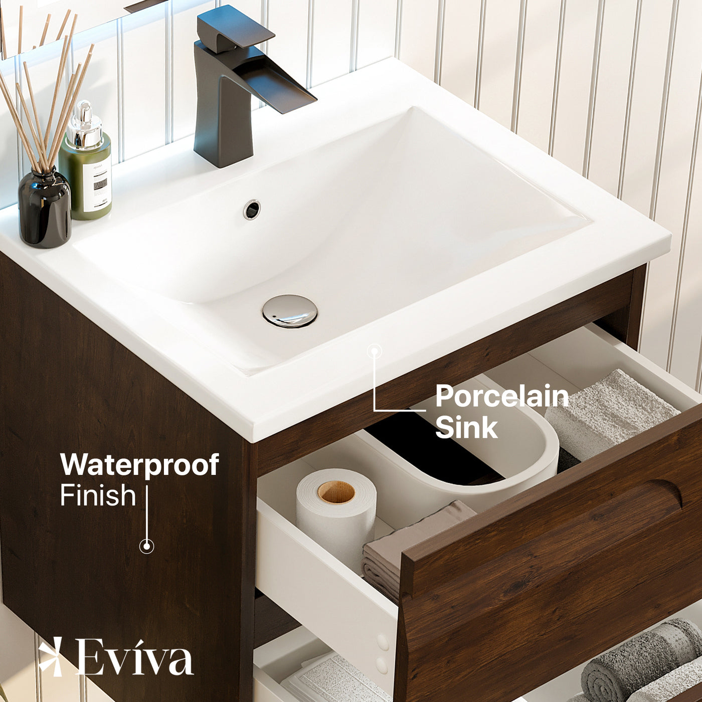 Joy 24"W x 18"D Rosewood Wall Mount Bathroom Vanity with White Porcelain Countertop and Integrated Sink