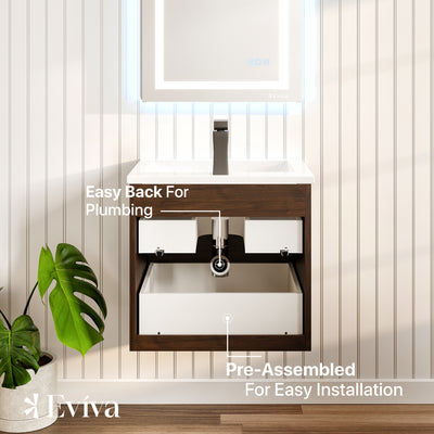 Joy 24"W x 18"D Rosewood Wall Mount Bathroom Vanity with White Porcelain Countertop and Integrated Sink