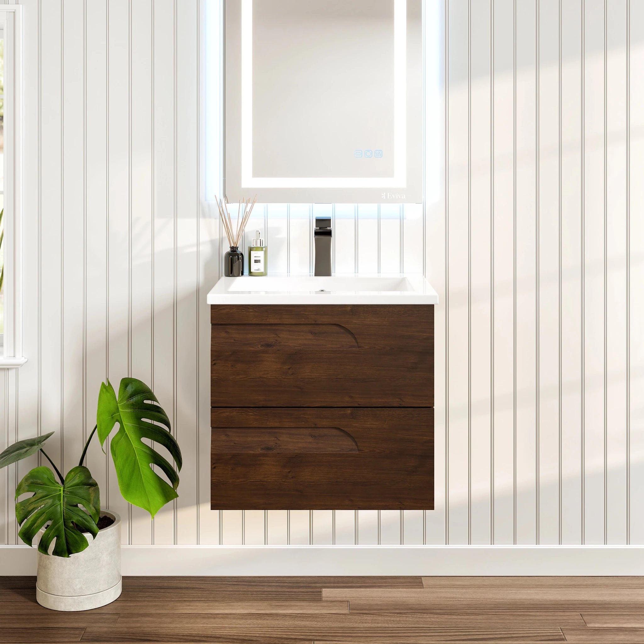 Joy 24 in. Rosewood Wall Mount Single Sink Bath Vanity with Porcelain Top and Integrated Sink - Bathroom Vanity by Eviva
