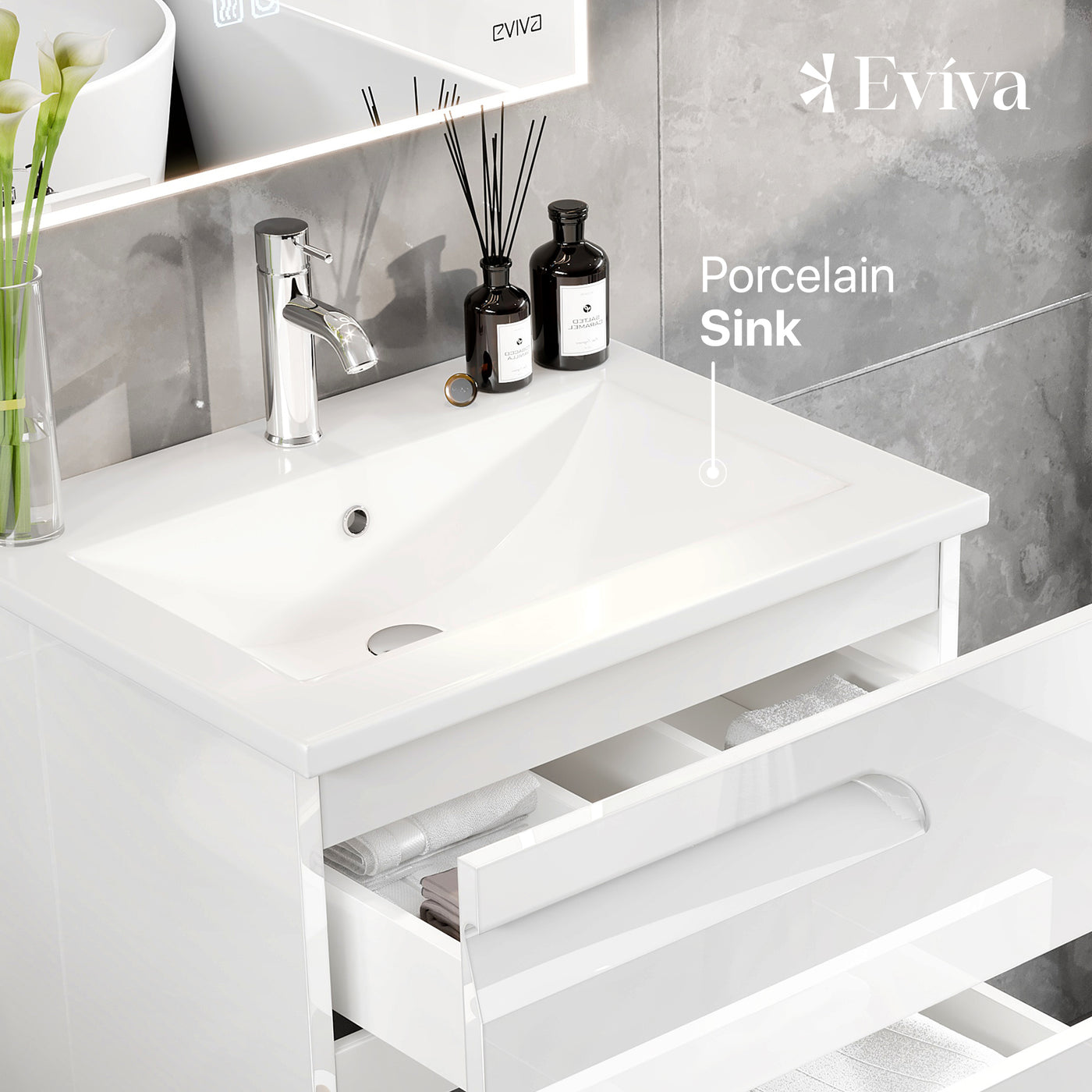 Joy 24"W x 18"D White Bathroom Vanity with White Porcelain Countertop and Integrated Sink