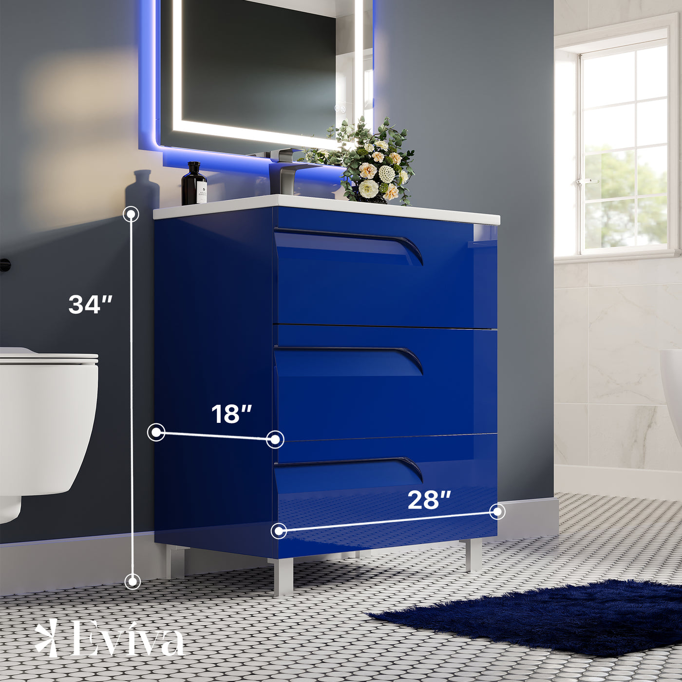 Joy 28"W x 18"D Blue Bathroom Vanity with White Porcelain Countertop and Integrated Sink