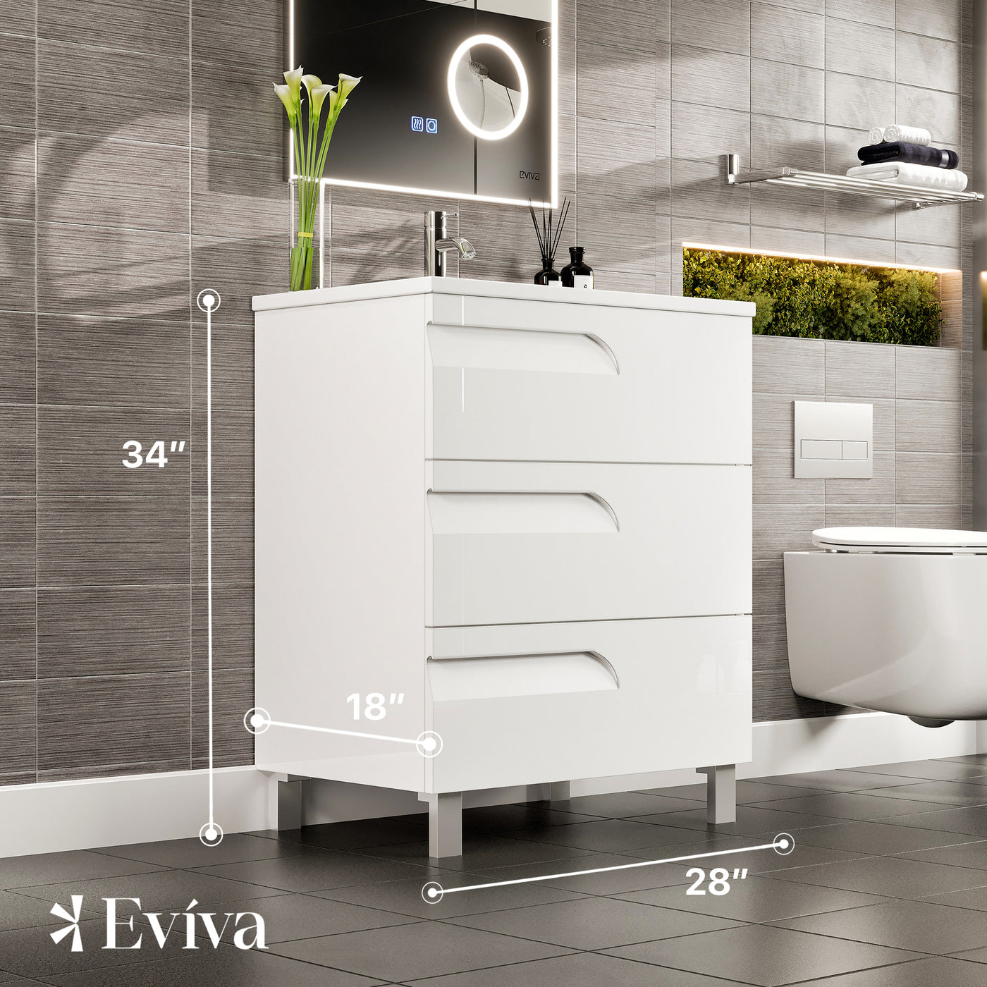 Joy 28"W x 18"D White Bathroom Vanity with White Porcelain Countertop and Integrated Sink