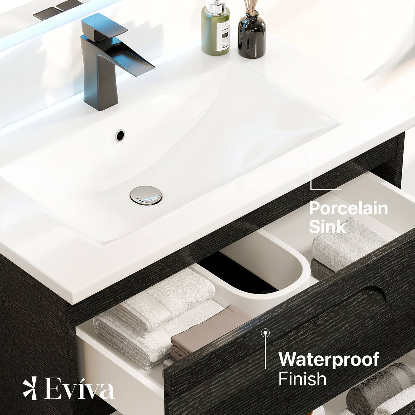 Joy 32"W x 18"D Blackwood Wall Mount Bathroom Vanity with White Porcelain Countertop and Integrated Sink