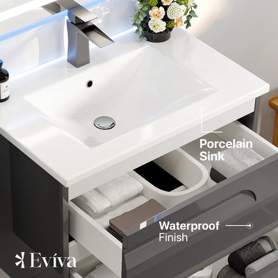 Joy 32"W x 18"D Gray Wall Mount Bathroom Vanity with White Porcelain Countertop and Integrated Sink