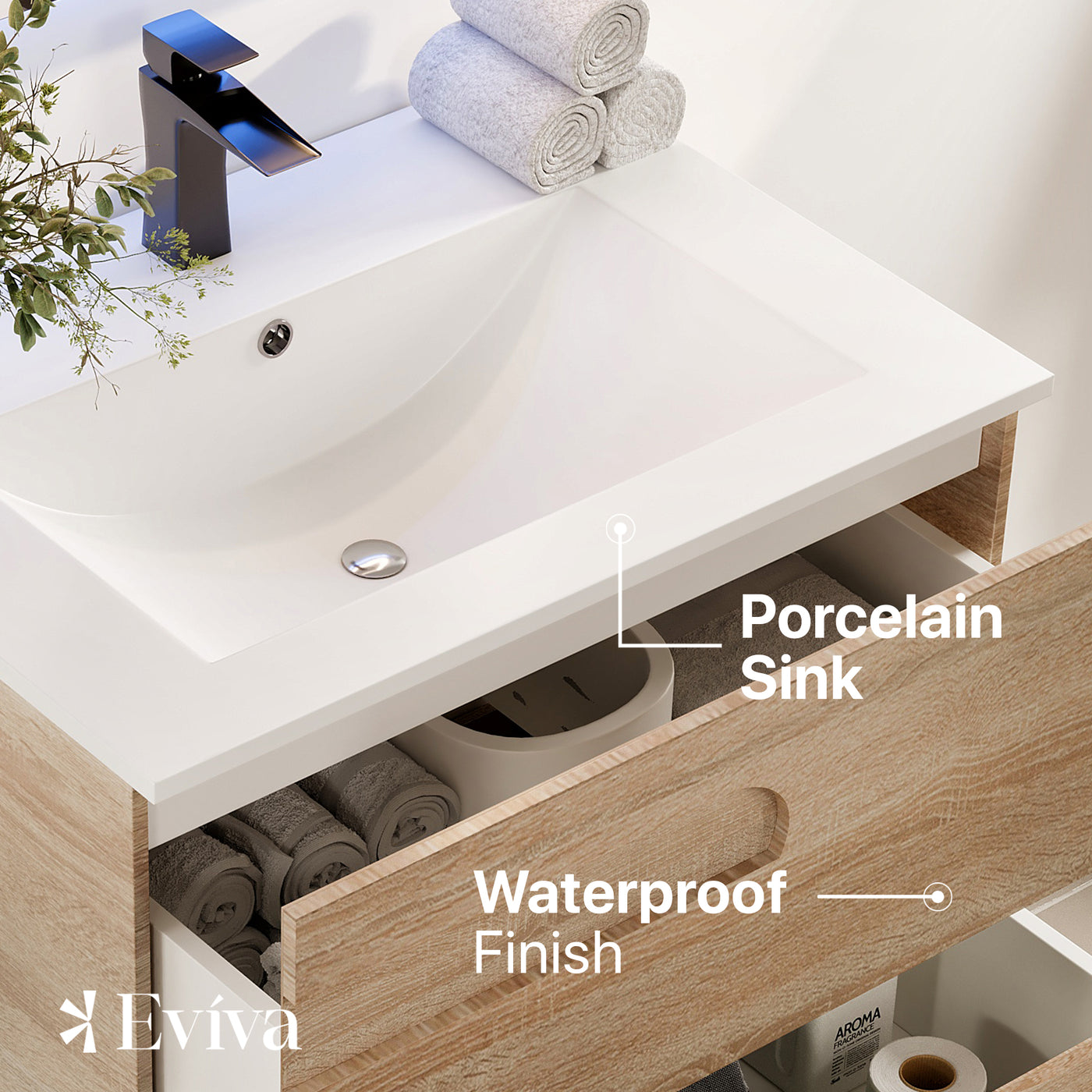 Joy 32"W x 18"D Maple Wall Mount Bathroom Vanity with White Porcelain Countertop and Integrated Sink