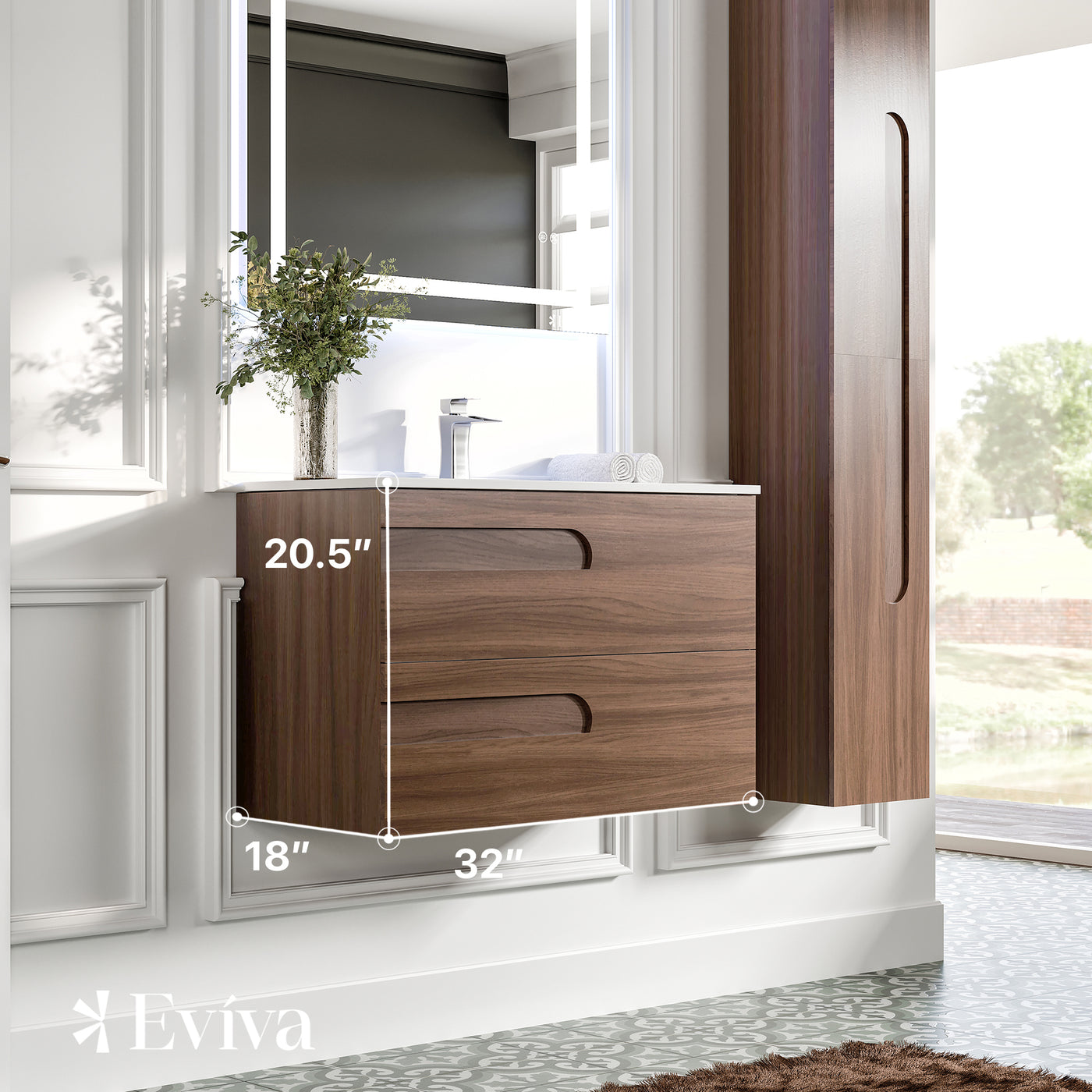 Joy 32"W x 18"D Rosewood Wall Mount Bathroom Vanity with White Porcelain Countertop and Integrated Sink