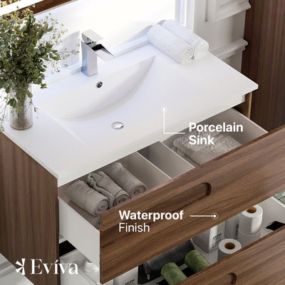 Joy 32"W x 18"D Rosewood Wall Mount Bathroom Vanity with White Porcelain Countertop and Integrated Sink