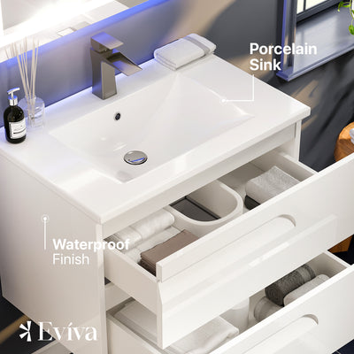 Joy 32"W x 18"D White Wall Mount Bathroom Vanity with White Porcelain Countertop and Integrated Sink