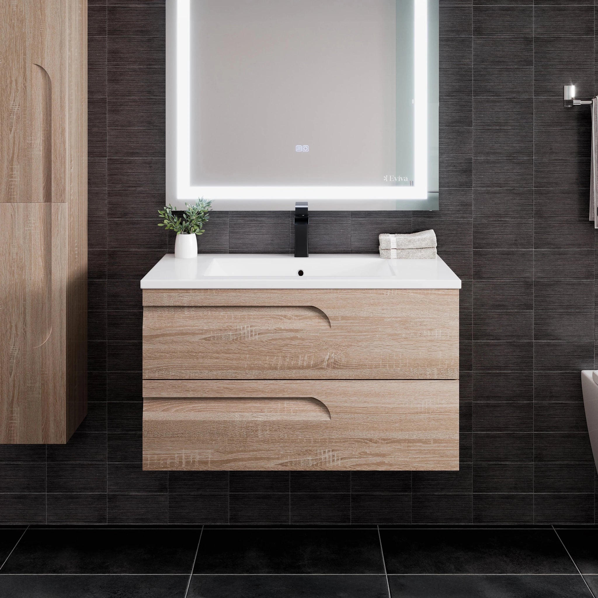 Joy 36 in. Maple Wall Mount Single Sink Bath Vanity with Porcelain Top and Integrated Sink - Bathroom Vanity by Eviva