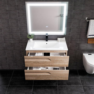 Joy 36"W x 18"D Maple Wall Mount Bathroom Vanity with White Porcelain Countertop and Integrated Sink