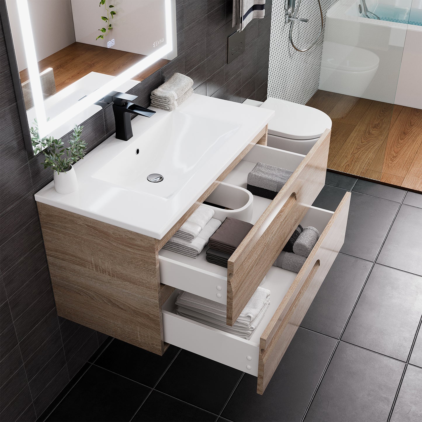 Eviva Joy 36 inch Maple Wall Mount Bathroom Vanity with White Integrated Porcelain Top