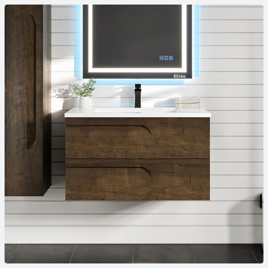 Joy 36"W x 18"D Rosewood Wall Mount Bathroom Vanity with Porcelain Countertop and Integrated Sink