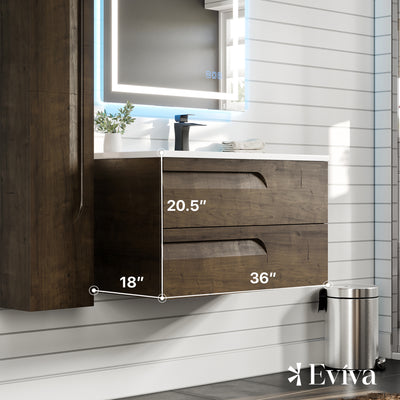 Joy 36"W x 18"D Rosewood Wall Mount Bathroom Vanity with White Porcelain Countertop and Integrated Sink