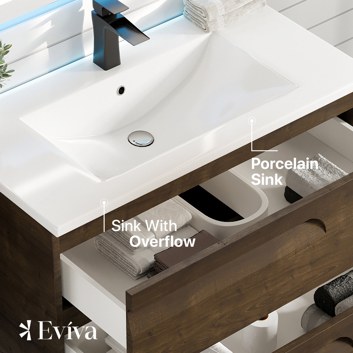 Joy 36"W x 18"D Rosewood Wall Mount Bathroom Vanity with White Porcelain Countertop and Integrated Sink