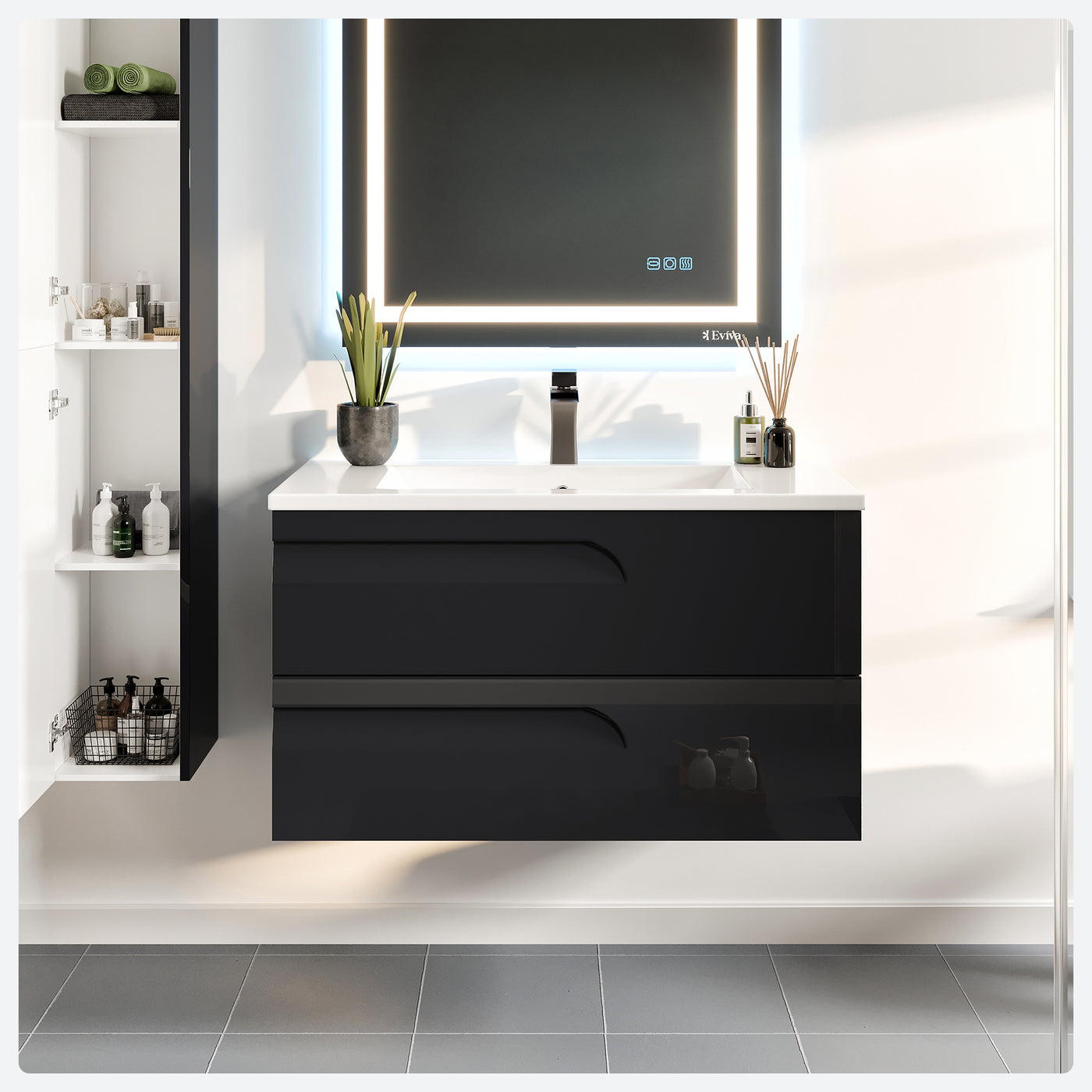 Joy 40"W x 18"D Black Wall Mount Bathroom Vanity with White Porcelain Countertop and Integrated Sink