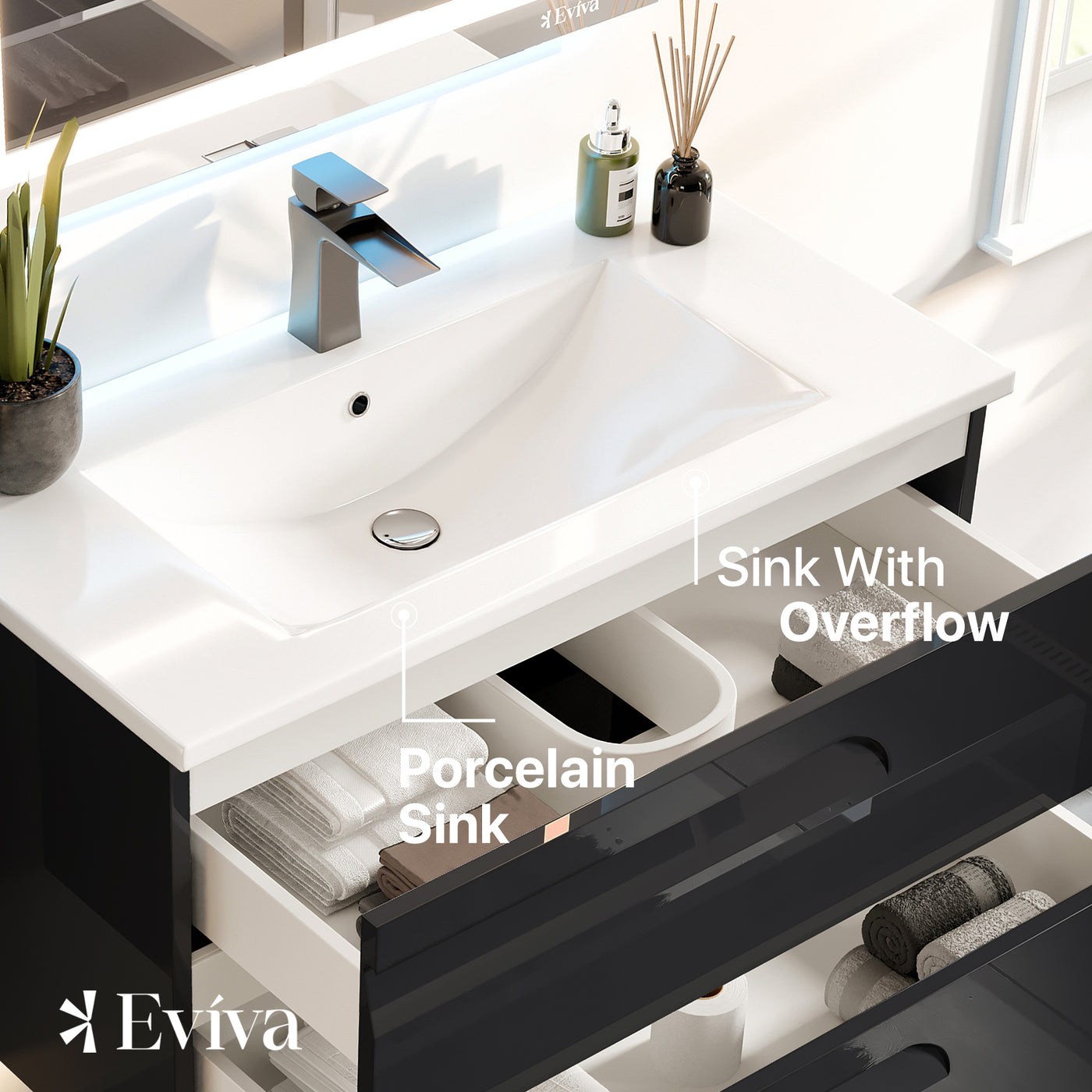 Joy 40"W x 18"D Black Wall Mount Bathroom Vanity with White Porcelain Countertop and Integrated Sink