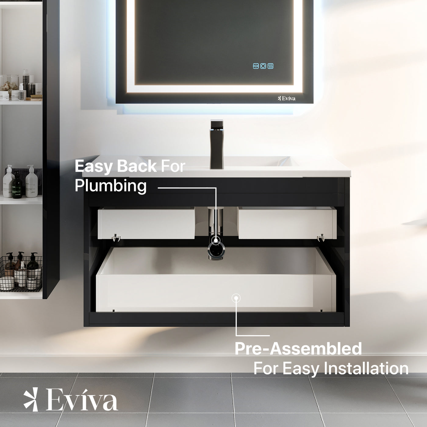 Joy 40"W x 18"D Black Wall Mount Bathroom Vanity with White Porcelain Countertop and Integrated Sink