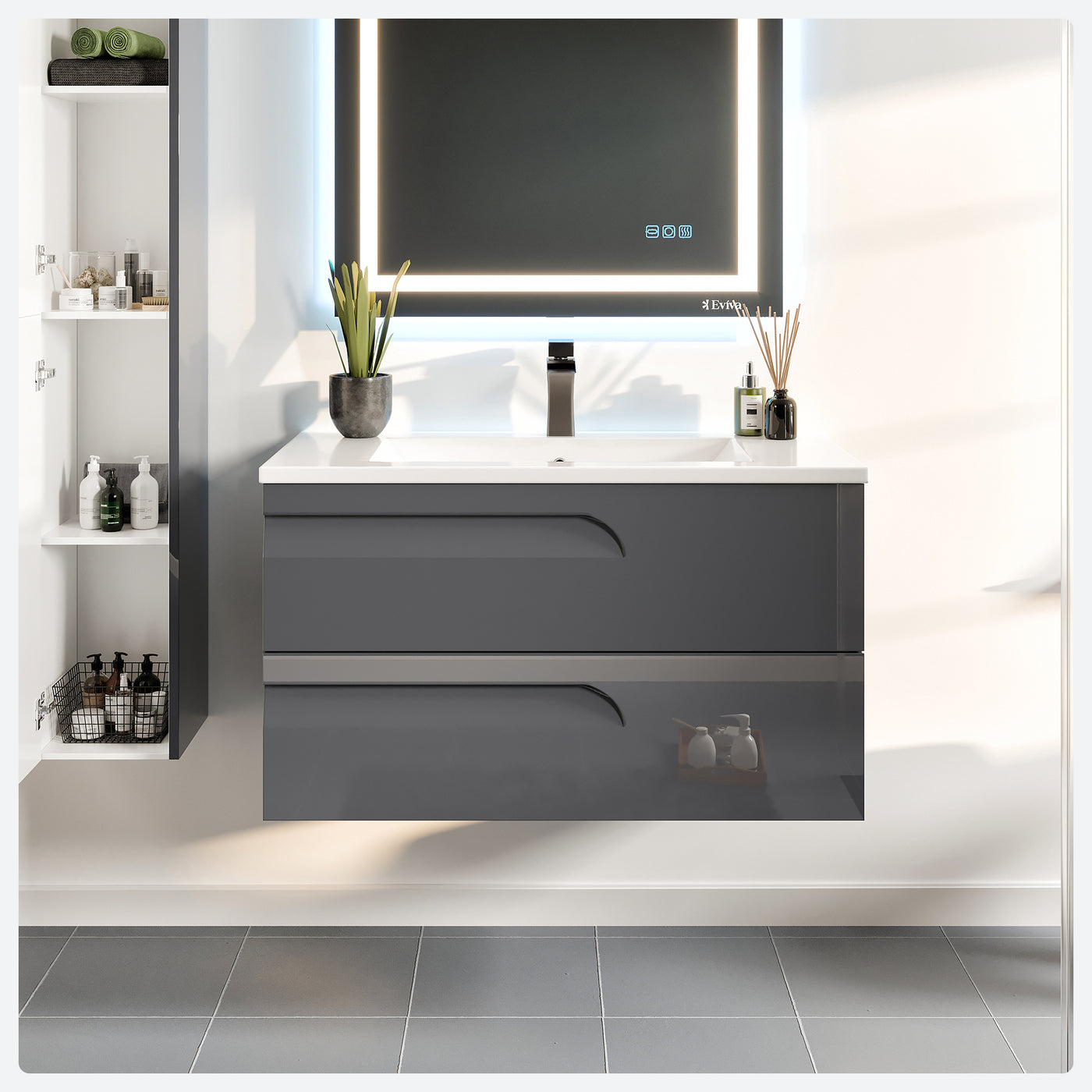 Joy 40"W x 18"D Gray Wall Mount Bathroom Vanity with White Porcelain Countertop and Integrated Sink