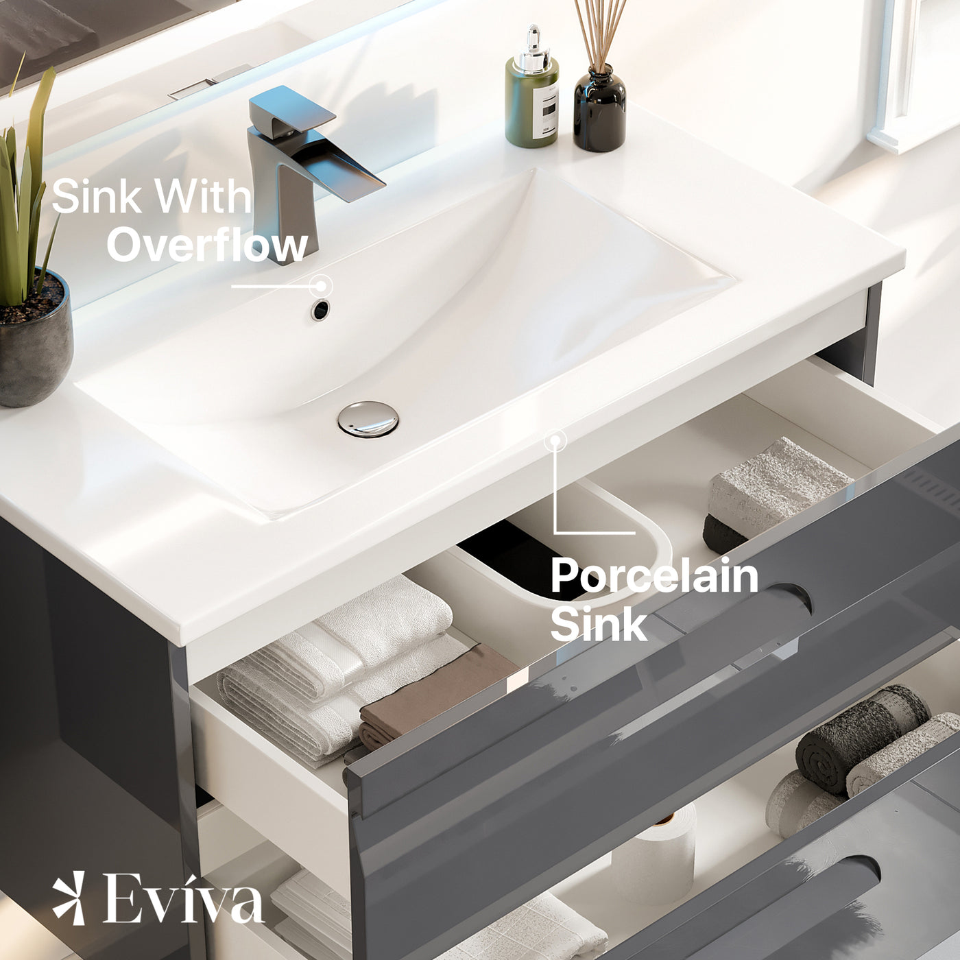 Joy 40"W x 18"D Gray Wall Mount Bathroom Vanity with White Porcelain Countertop and Integrated Sink