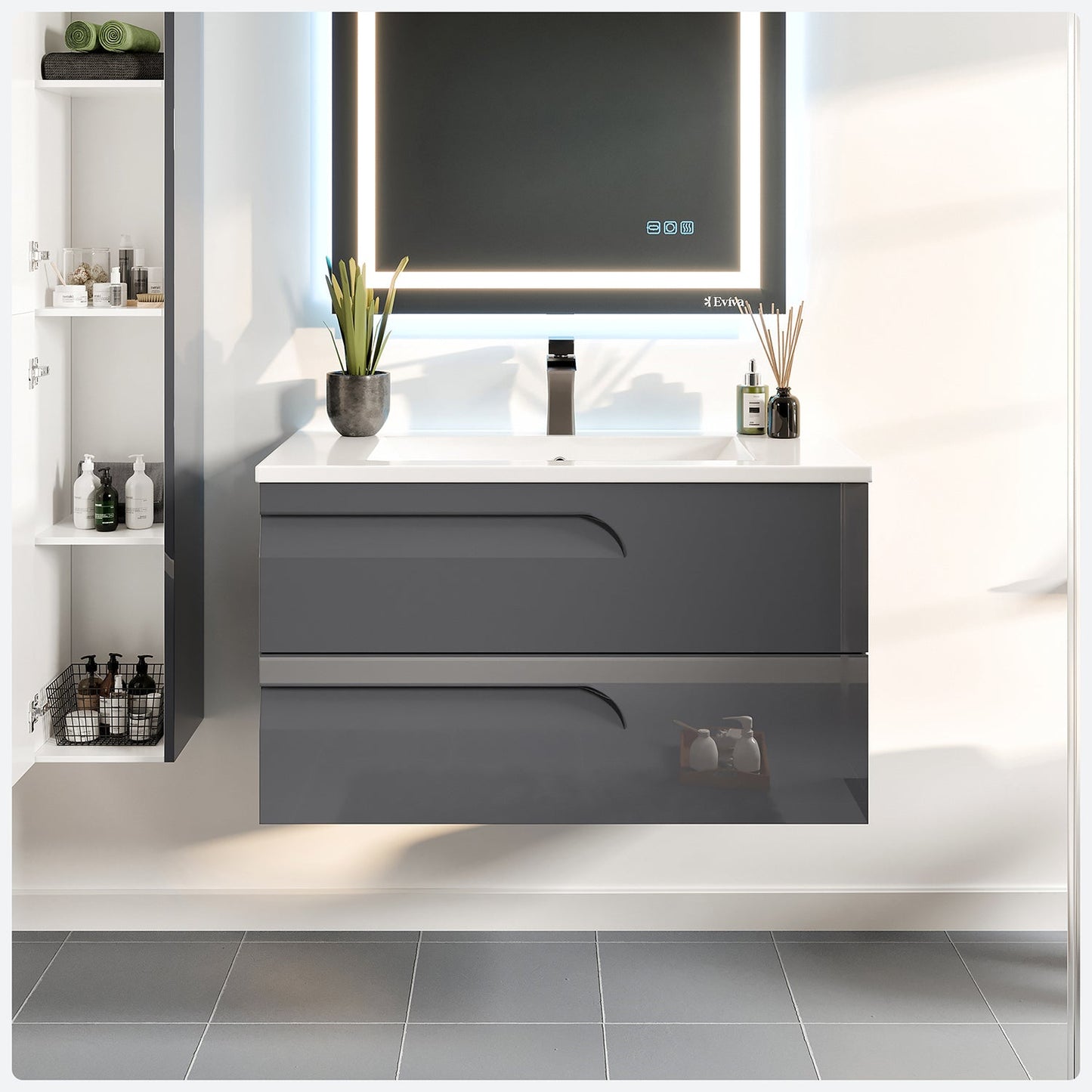 Eviva Vitta 39″ Grey Modern Bathroom Vanity with White Integrated Porcelain Sink